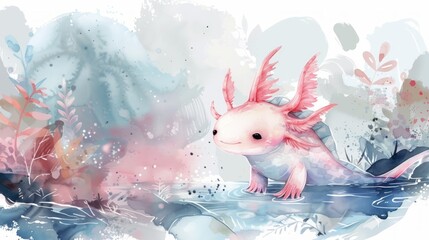 Wall Mural - Watercolor illustration of a cute axolotl swimming in the sea.