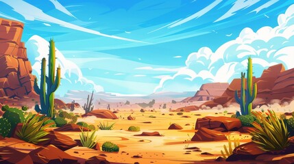 Wall Mural - The desert of Africa is a natural landscape with tumbleweed rolling alongside hot dry deserted landscapes with yellow sand, green cacti, rocks under blue skies with light clouds.