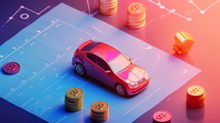 New auto financing concept with automobile stand at huge calendar with coins on the date cells, leasing, bank service, payment schedule for vehicle, 3D modern web banner with a car.