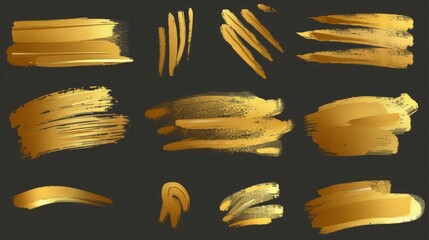 Wall Mural - Smears of golden paint isolated on transparent background. Modern realistic texture set of yellow metal stains. Hand drawing of luxurious design elements.