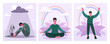 © IHOR - A set of illustrations demonstrating relief from psychological problems and depression through yoga, meditation and a healthy lifestyle. The man is worried and depressed. Happy and joyful person.