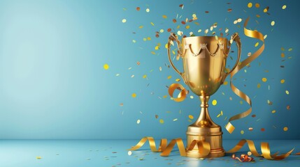 a gold cup with a ribbon on top of it is surrounded by confetti. concept of celebration and achievem