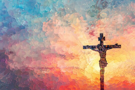 A painting of a cross against a beautiful sky background. Suitable for religious and spiritual themes