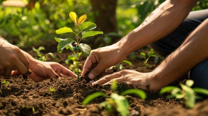 Hands planting a seedling in rich soil under bright sunlight. Created with Generative AI.