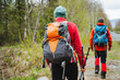 © Aleksey - Two hikers with backpacks and poles trekking through forest path