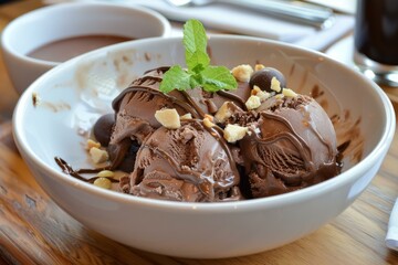 Poster - Bowl of rich chocolate ice cream garnished with nuts and fresh mint