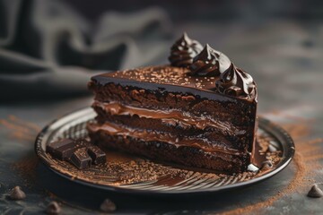 Poster - Luscious slice of chocolate cake with rich frosting presented on a plate, perfect for dessert menus