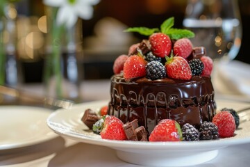 Poster - Luxurious chocolate cake topped with fresh strawberries and blackberries, garnished with mint