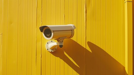 Closeup security camera on a yellow wooden wall. Protection and safety. CCTV surveillance camera