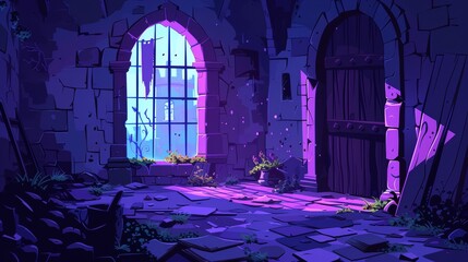 Wall Mural - An abandoned medieval castle interior, with a cracked wooden archway door, broken flowerpots, banners on the wall, and spiderwebs over stone stairs. Cartoon modern illustration.