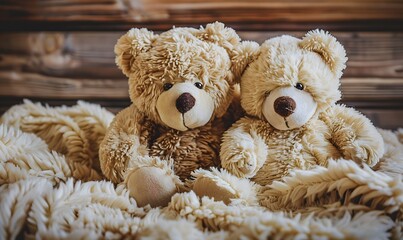  teddy bears sitting on a fluffy blanket,  Generative AI