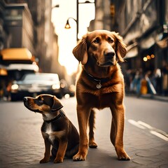 Describe the scene as the brown dog and his owner, dressed in casual attire, cross a bustling city street.   
