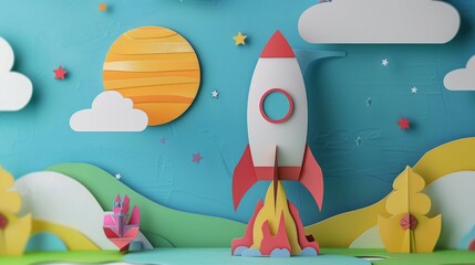 Wall Mural - a 3D paper rocket decoration backdrop for kids graduation.