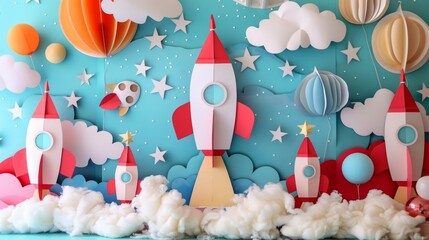 Wall Mural - a 3D paper rocket decoration backdrop for kids graduation.