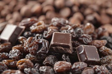 Sticker - Closeup of dark chocolate squares nestled among sundried raisins