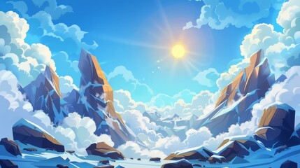 Wall Mural - The mountain tops of a mountain range are covered with white snow, clouds, and the sun in a blue sky. This is a modern cartoon illustration of a high rock range in a mountain range.