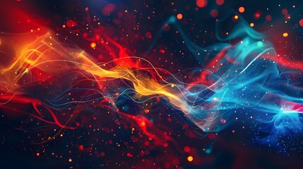 Wall Mural - A colorful swirling line of fire with red blue and yellow colors. The fire is surrounded by a lot of small, bright dots