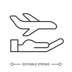 Sticker - Travel insurance linear icon. Transportation service. Plane trip. Airline services. Hand holds airplane. Thin line illustration. Contour symbol. Vector outline drawing. Editable stroke