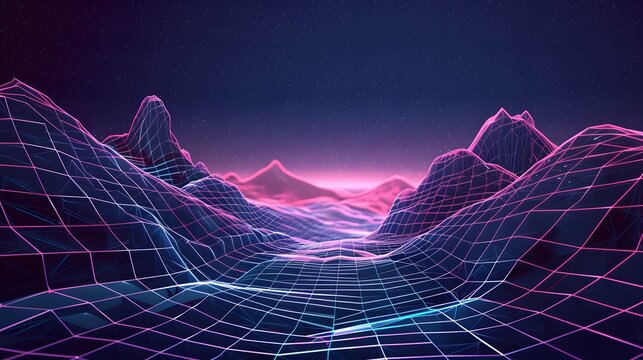 A computer generated image of a pink and blue landscape with mountains and a body of water. The image has a futuristic and otherworldly feel to it