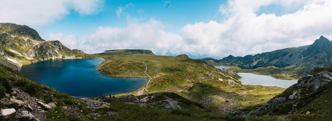 Wall Mural - Stunning aerial view of the Seven Rila Lakes against a cloudy sky in Bulgaria