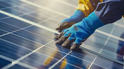 Wall Mural - AI generated illustration of a technician in safety gear installing solar panels