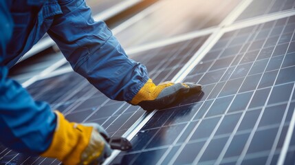 Wall Mural - AI generated illustration of technician in blue uniform and gloves installing solar panel at sunset