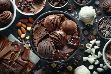 Sticker - Top view of a decadent chocolate ice cream bowl surrounded by various chocolate sweets