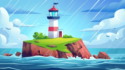 Wall Mural - In stormy weather, lighthouse on rock island in sea. Modern cartoon illustration of ocean shore landscape with beacon on cliff, rain and waves. Seascape with nautical navigation tower in rainy