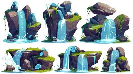 Wall Mural - Cartoon water fall streams that fall from mountains, pure liquid jets and stones with moss or green grass, fountain design elements modern icons isolated on white