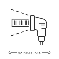 Poster - Barcode scanner linear icon. Retail technology. Store equipment. Inventory and stock management. Point of sale. Thin line illustration. Contour symbol. Vector outline drawing. Editable stroke