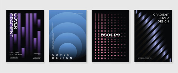 Abstract gradient poster background vector set. Minimalist style cover template with vibrant perspective 3d geometric prism shapes collection. Ideal design for social media, cover, banner, flyer.