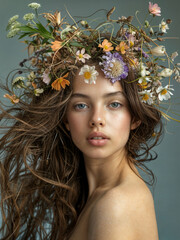 Wall Mural - A young female model is surrounded by flowers, showing off a stylish look with her face adorned by blossoms. Her face is completely covered in flowers. This is done in a fashion magazine style.