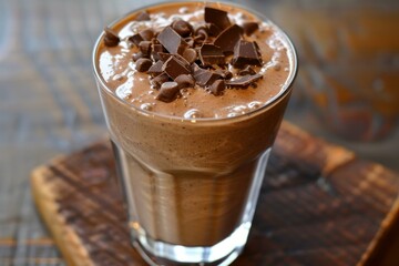 Canvas Print - Indulgent chocolate milkshake topped with chocolate chunks, served in a tall glass on a wooden board