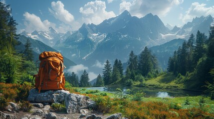 Wall Mural - Adventurous: A backpack ready for a hike through the mountains