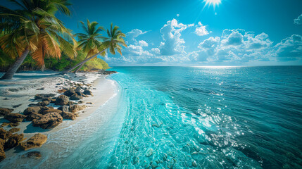 Wall Mural - Idyllic paradise: tropical palm trees on the azure ocean under brilliant sunshine