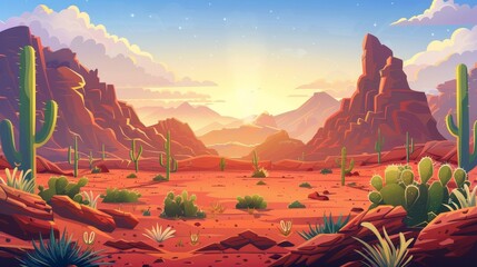 Wall Mural - The landscape of the desert at sunrise with mountains, cacti, and red dry ground. Modern illustration of hot American or Mexican desert with rocks, plants, saguaros, and clouds in the sky.