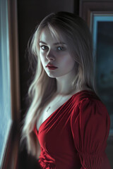 Wall Mural - woman in a red dress is standing in front of a window. She has long blonde hair and is wearing a necklace. The image has a warm and inviting mood, with the woman's smile
