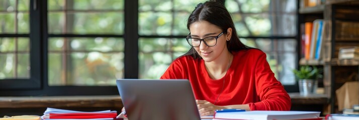 happy woman studying online at home, smiling while using laptop and notebook at her desk