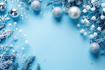 Poster - Elegant christmas frame of blue and silver ornaments on a frosty background