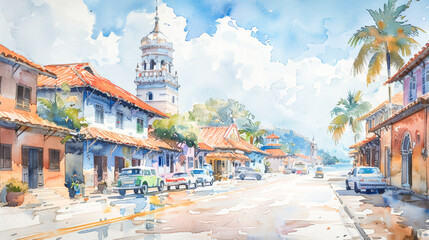 Wall Mural - Dreamy city: watercolor sketch of a historic old town