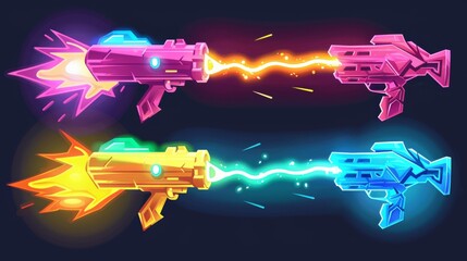 Wall Mural - Vfx effect of space guns, laser blasters with plasma beams and rays. Raygun pistols, kid toys, or futuristic alien weapons. Character modern illustrations of energy phasers.