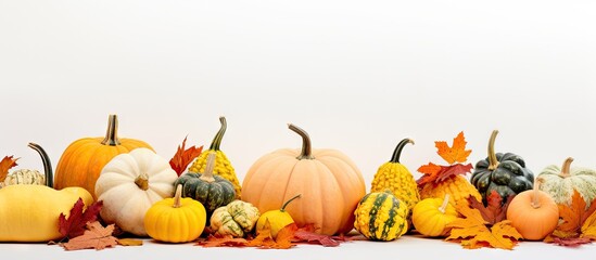 Aufkleber - A white background showcases an autumn composition featuring various pumpkins vibrant fall leaves and copy space for an image This evokes the autumn mood and the concept of the fall season