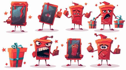 Wall Mural - An illustration of a mobile phone character set. Cute smartphone in different poses. Chat bot personage, funny cellphone mascot with gift box, sick, satisfied with thumbs up and showing muscles.