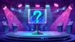 © Mark - Interior stage for quiz show with stands, spotlights, and digital screen. Cartoon modern illustration, background for intellectual television program.
