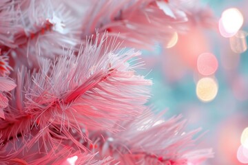 Poster - Closeup of a whimsical christmas tree in pastel pink and white with a soft bokeh effect