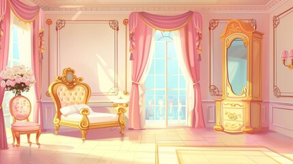 Wall Mural - The bedroom of the princess in a palace, castle or royal house. Modern cartoon illustration of a luxury room interior with a bed, mirror, chair, wardrobe, pink curtains, and a bookcase.