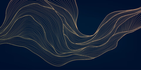 Wall Mural - vector gold wave on dark background illustration, line luxury modern art. wavy shape banner, premium