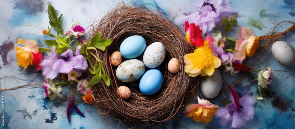 A top down view of a bird nest filled with colorful marble Easter eggs ...
