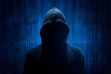 AI generated illustration of a hacker in a hoodie, against a backdrop of digital binary code