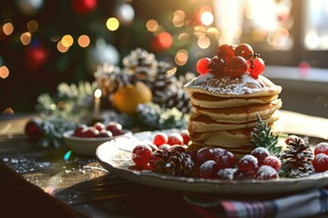 Sticker - Stack of pancakes with fresh berries by a christmas tree, holiday atmosphere